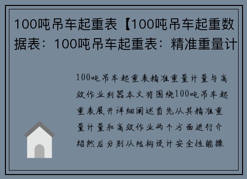 100吨吊车起重表【100吨吊车起重数据表：100吨吊车起重表：精准重量计量与高效作业利器】
