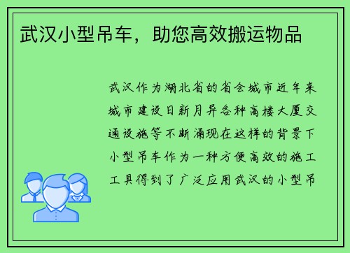 武汉小型吊车，助您高效搬运物品