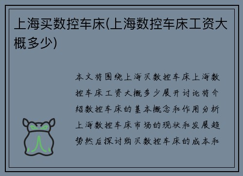 上海买数控车床(上海数控车床工资大概多少)